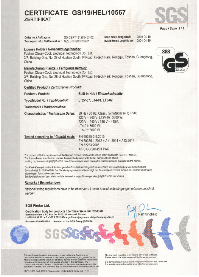 China Foshan Classy-Cook Electrical Technology Co. Ltd. Certificaten